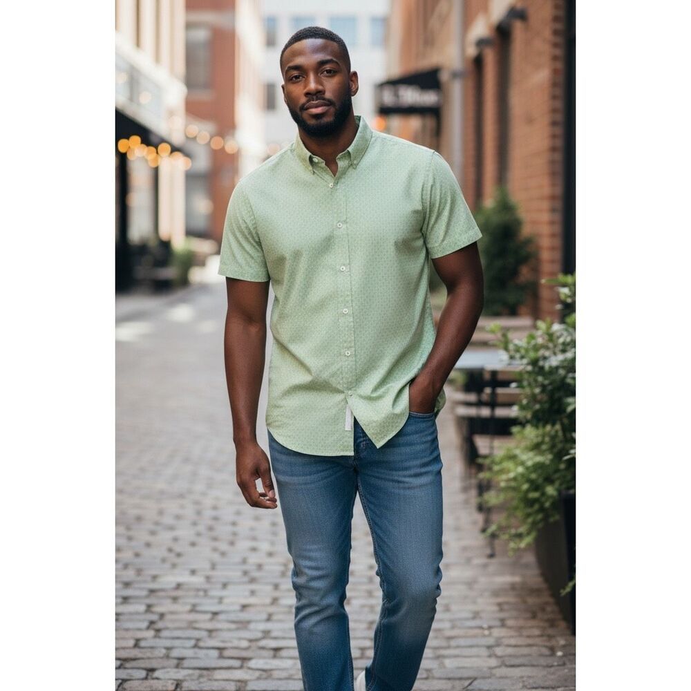 Gene Meyer Men’s Sz Lrg Green Cotton Circle Print Casual Button Down Shirt